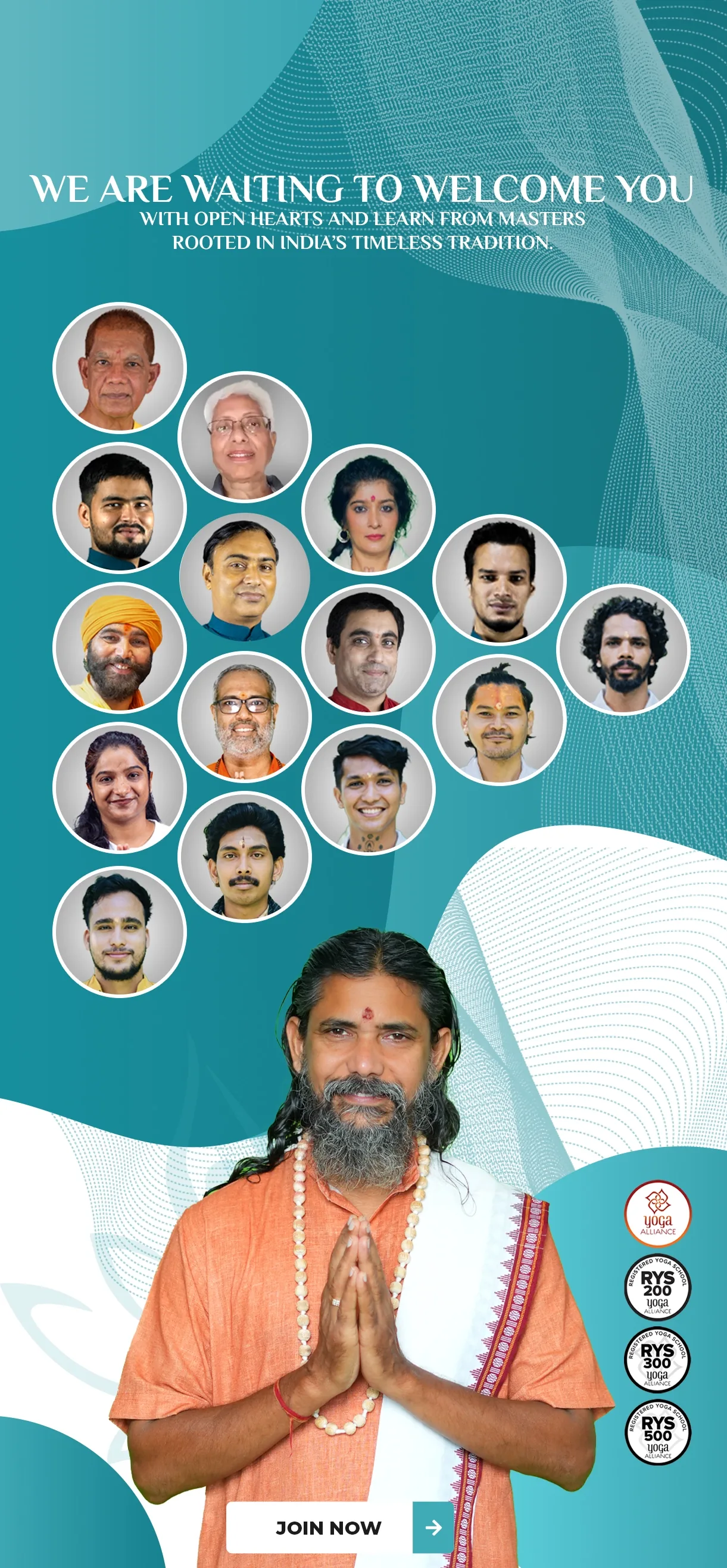 World Peace Yoga School welcome banner with the teaching team and founder Yogi Vishnu Panigrahi