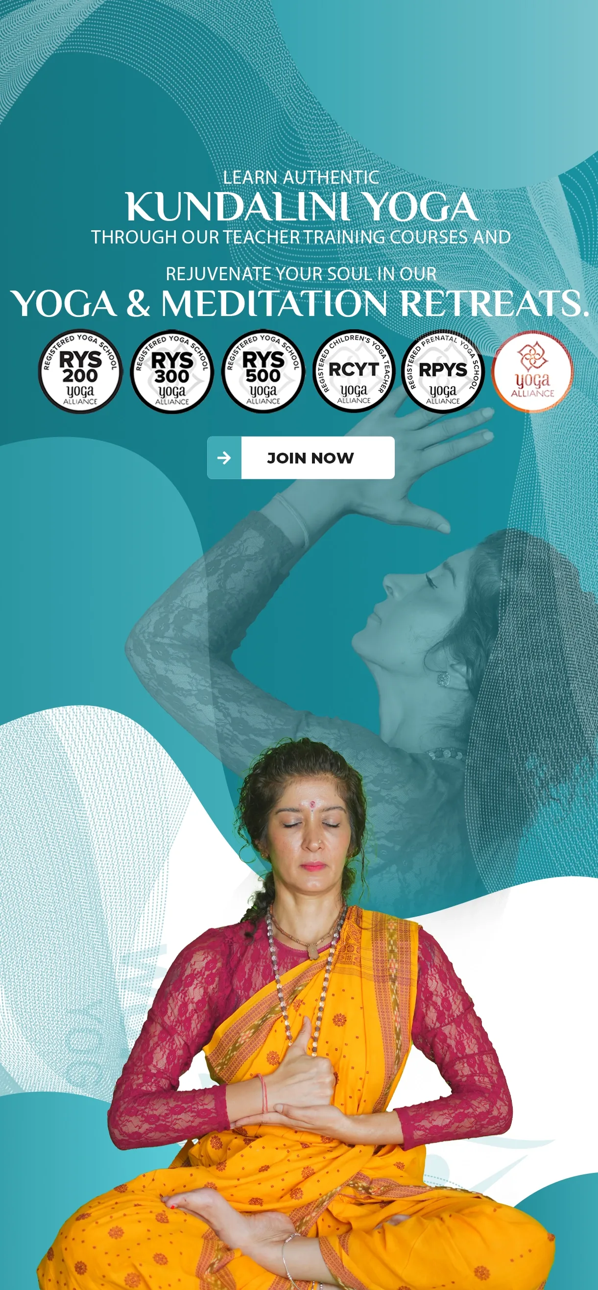Kundalini yoga teacher training and meditation retreats banner with a woman meditating, World Peace Yoga School