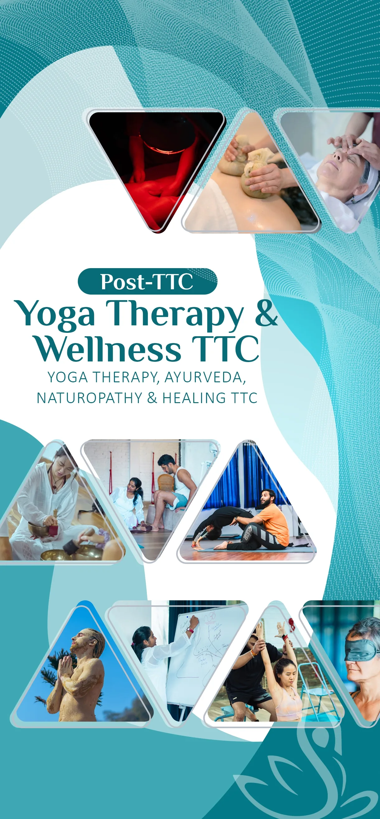 Post-TTC Yoga Therapy and Wellness TTC banner with Ayurveda, naturopathy and healing photos, World Peace Yoga School
