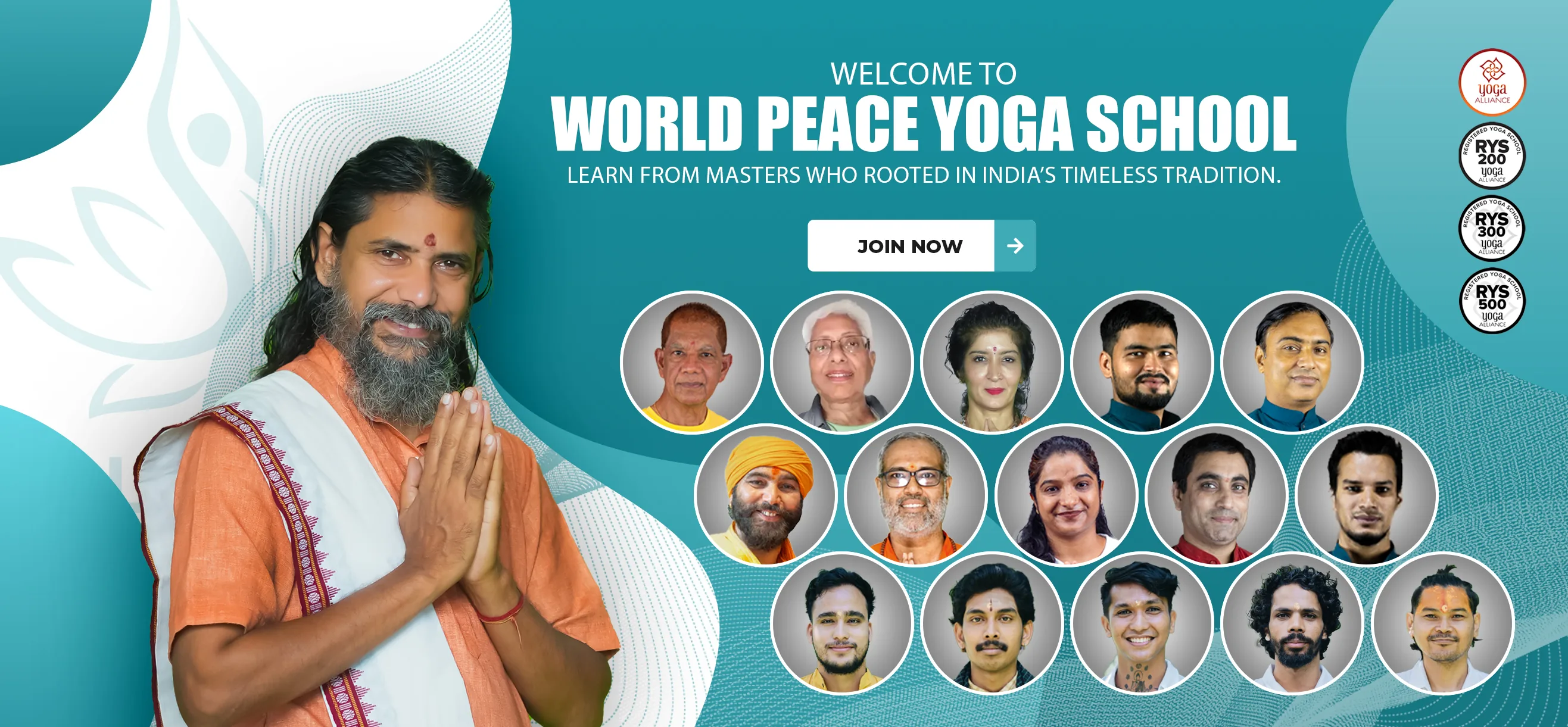 World Peace Yoga School welcome banner with founder Yogi Vishnu Panigrahi and the teaching team