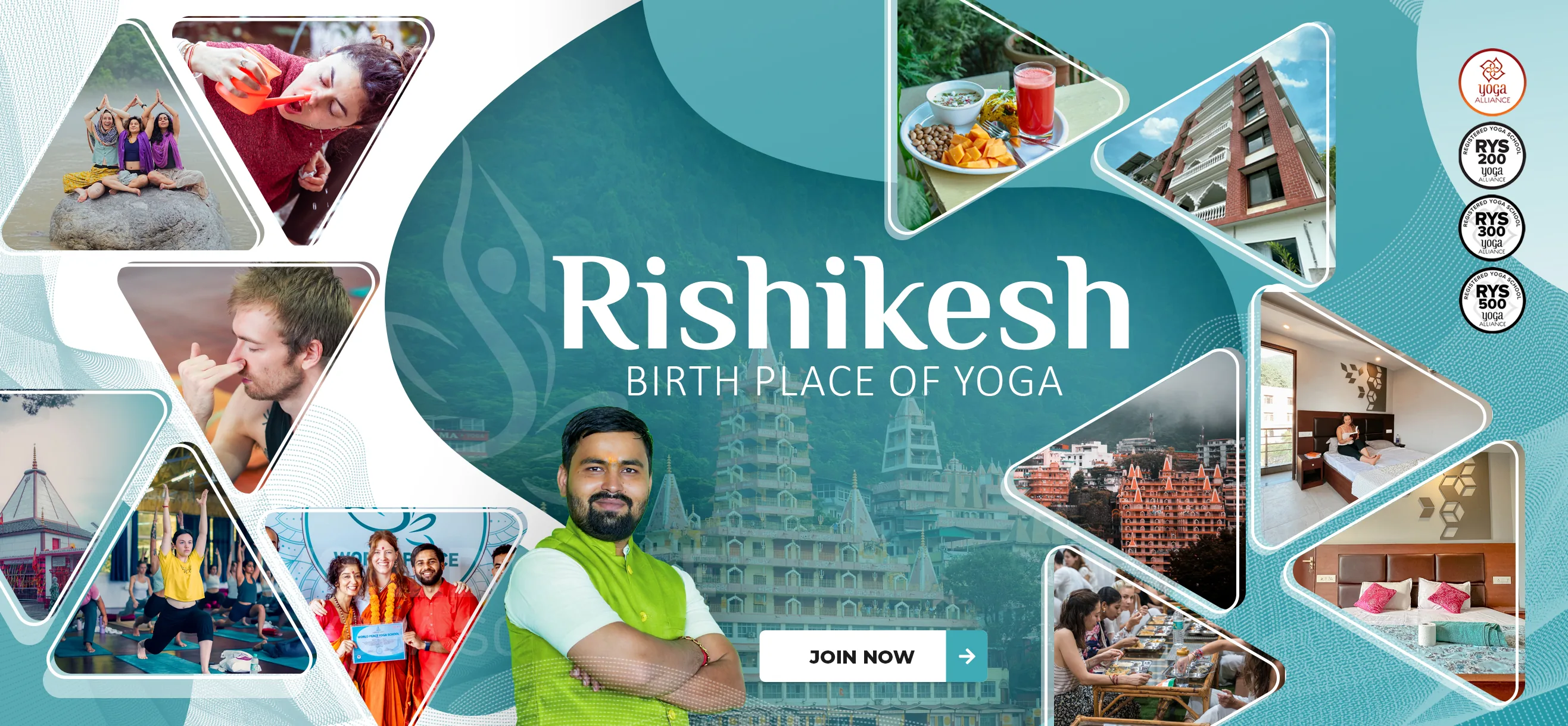 Rishikesh, the birthplace of yoga - World Peace Yoga School banner with course, food and accommodation photos