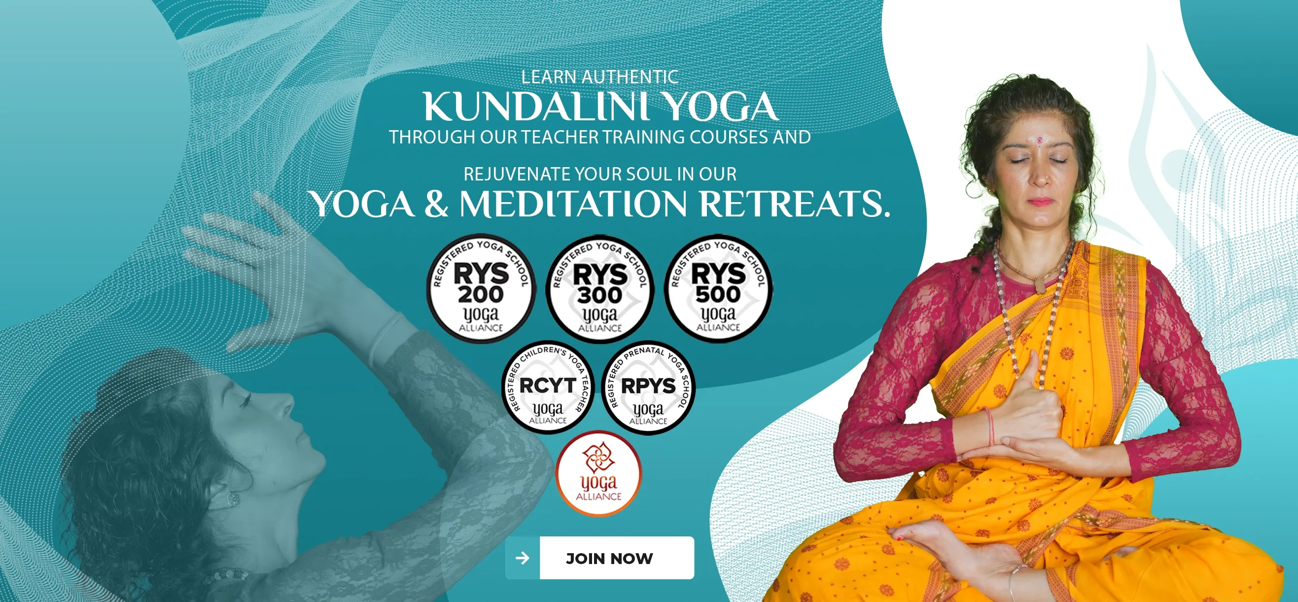 Kundalini yoga teacher training and meditation retreats banner with a woman meditating, World Peace Yoga School