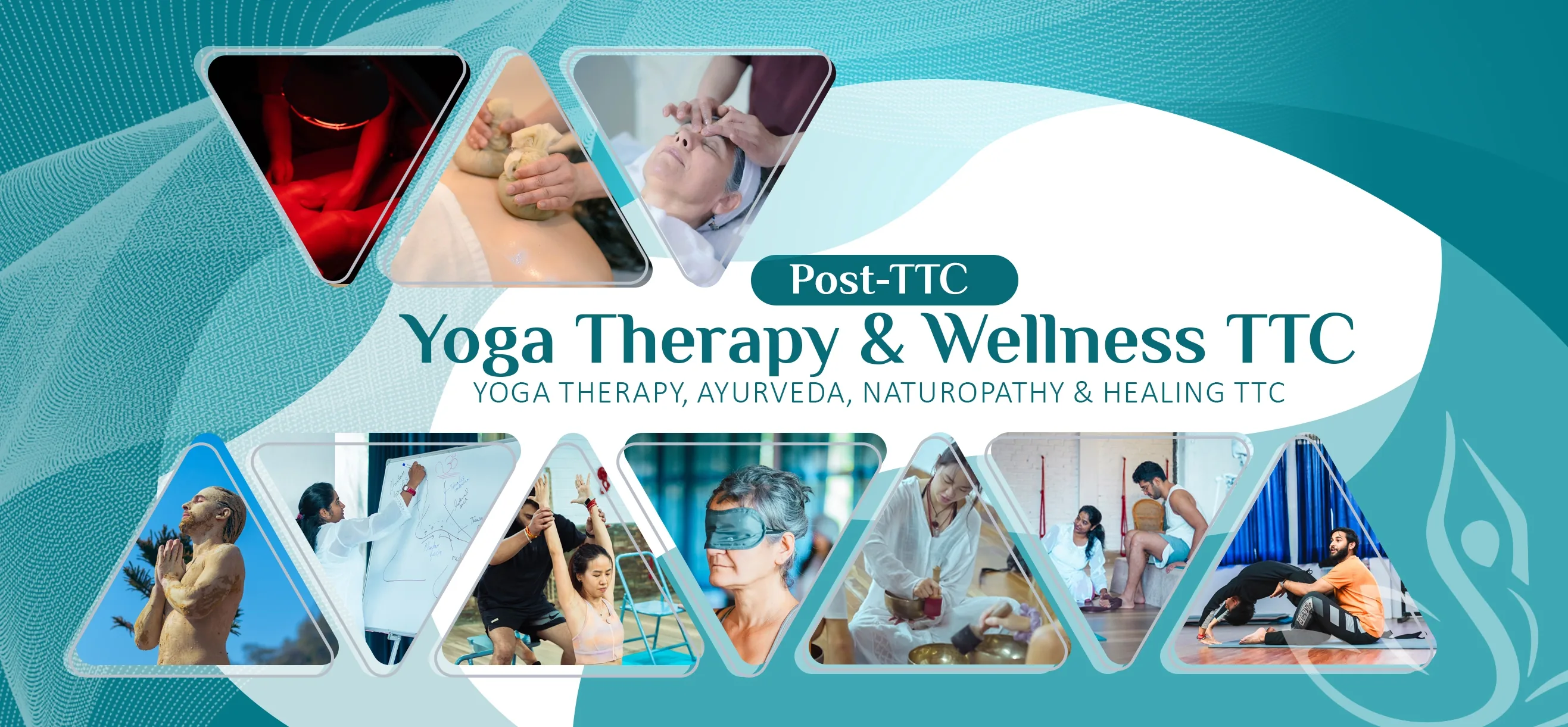 Post-TTC Yoga Therapy and Wellness TTC banner with Ayurveda, naturopathy and healing photos, World Peace Yoga School