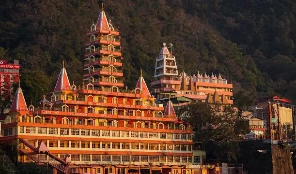 The tiered Trimbakeshwar temple on the hillside in Rishikesh