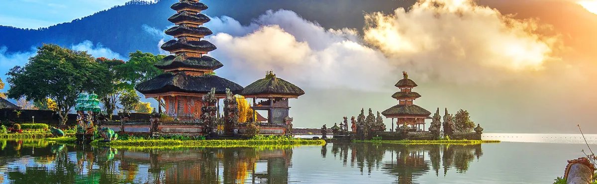 Pura Ulun Danu Bratan temple reflected in the lake at sunrise