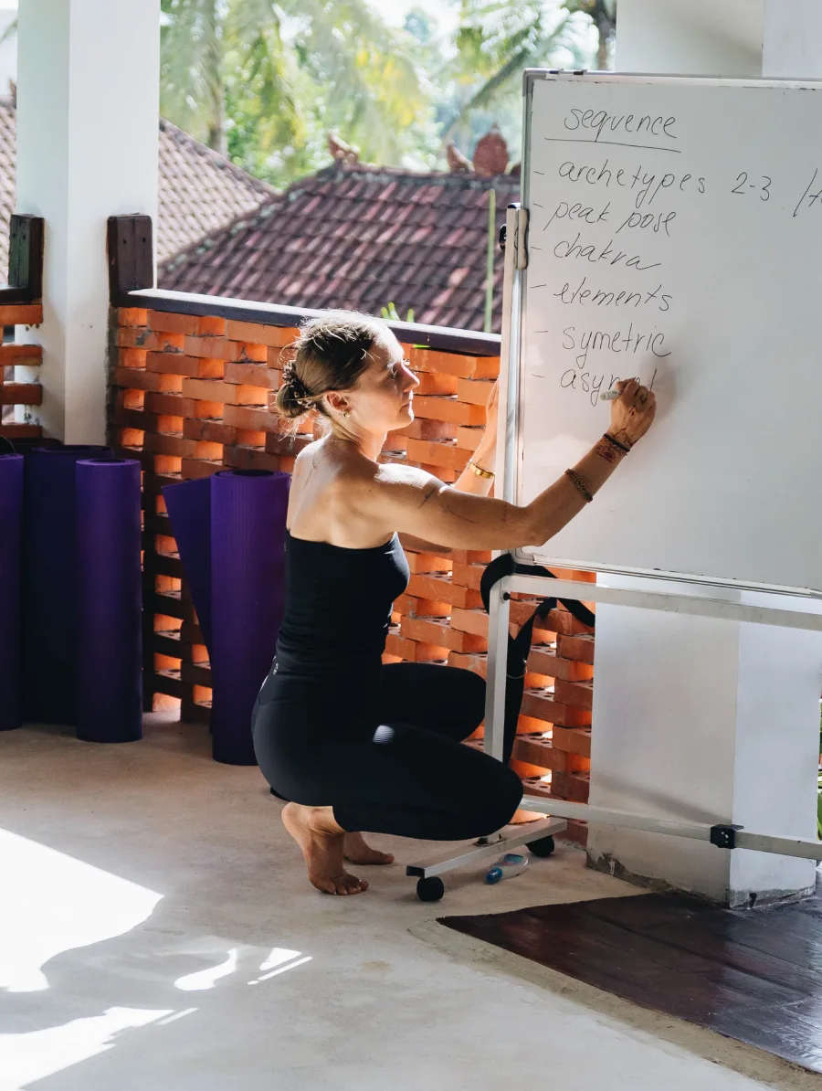 A teacher writing a class sequence on a whiteboard in the shala