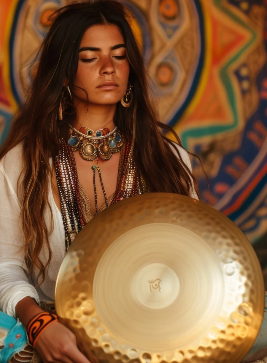 A woman with eyes closed holding a golden gong