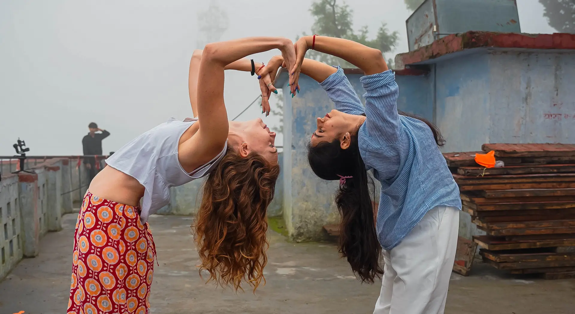 Students practising yoga together