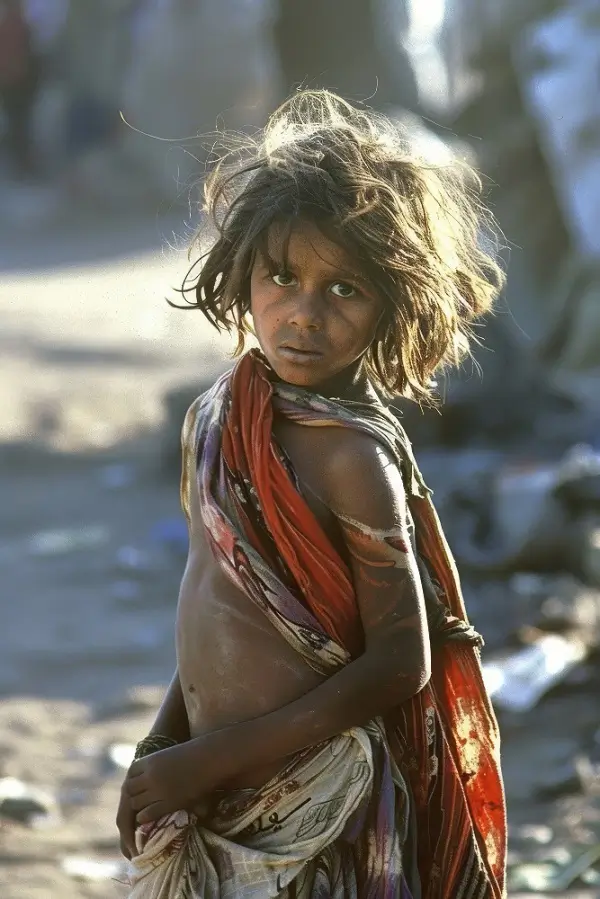 A young girl wrapped in a worn cloth, standing barefoot in a dusty street