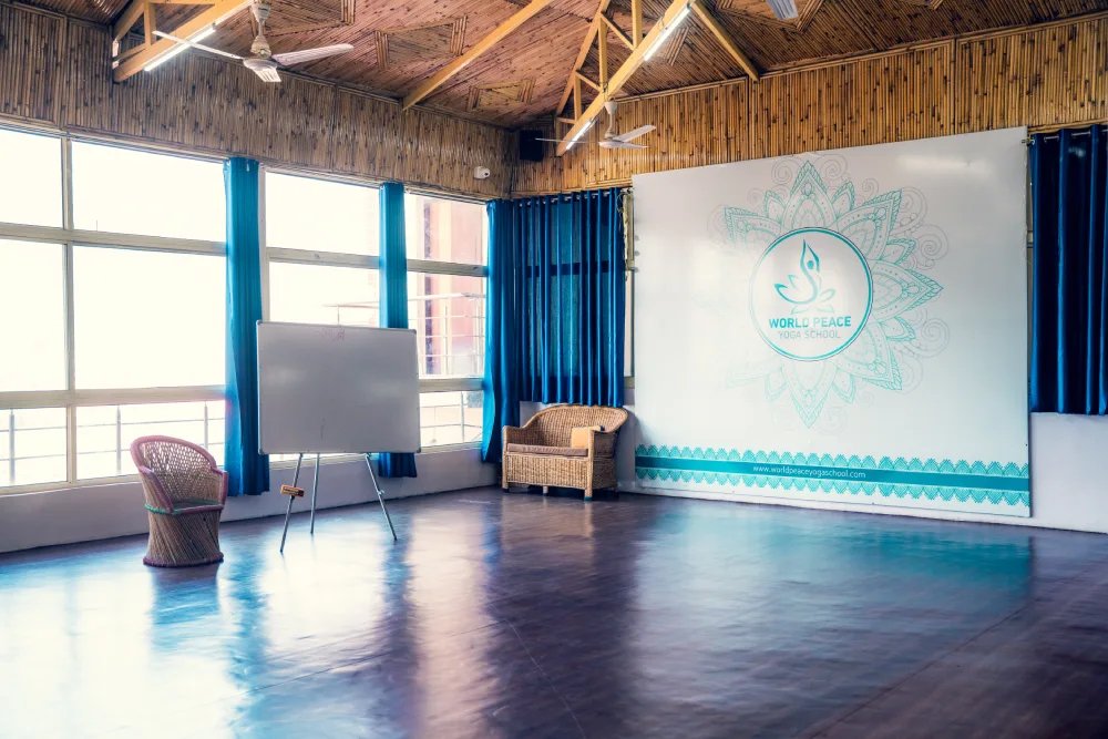The yoga hall at World Peace Yoga School, Rishikesh