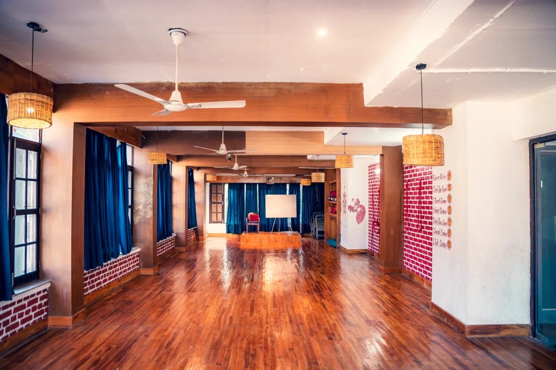 The yoga hall at World Peace Yoga School, Rishikesh