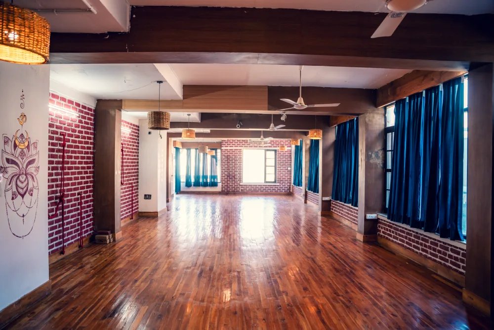 The yoga hall at World Peace Yoga School, Rishikesh