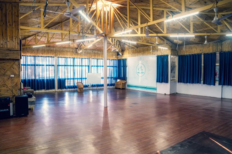 The yoga hall at World Peace Yoga School, Rishikesh