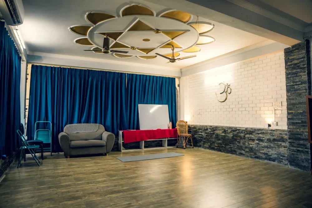 The yoga hall at World Peace Yoga School, Rishikesh