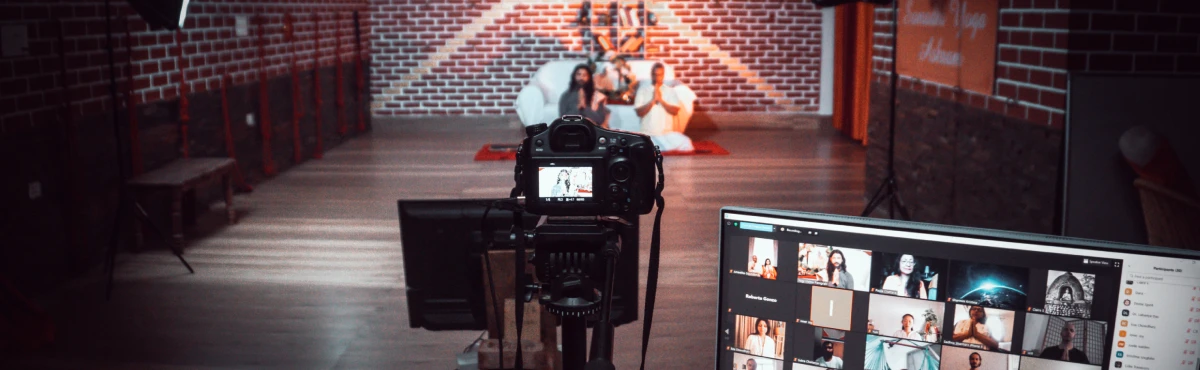 An online yoga class being recorded in the studio