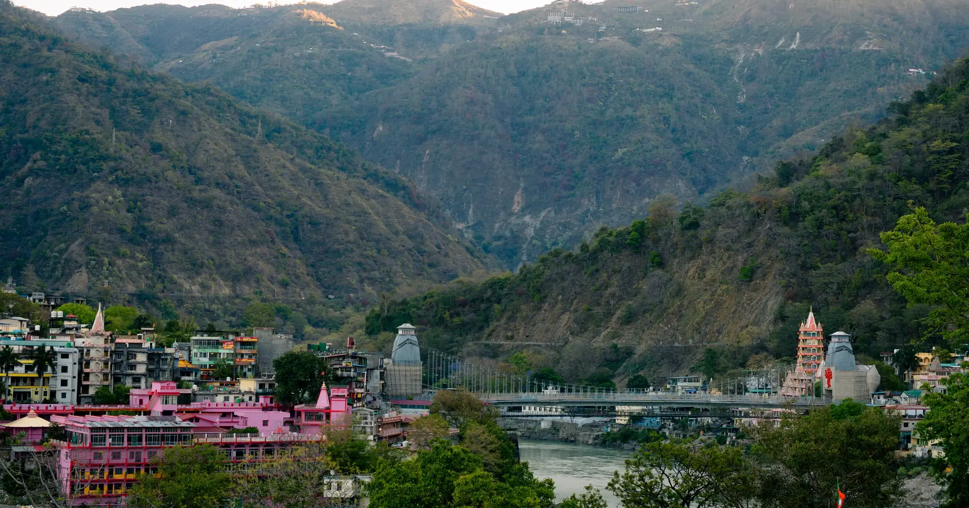 Rishikesh and Laxman Jhula beneath the Himalayan foothills
