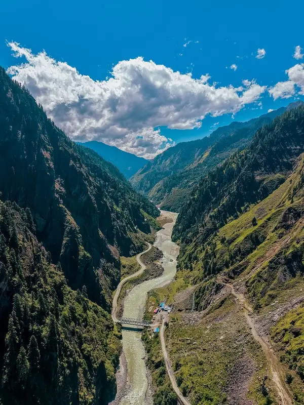 A river winding through a deep Himalayan valley