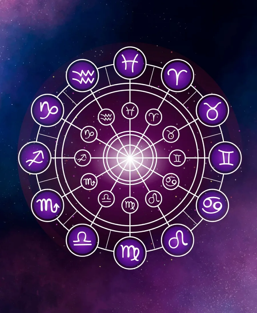 Zodiac wheel with the twelve signs glowing against a night sky