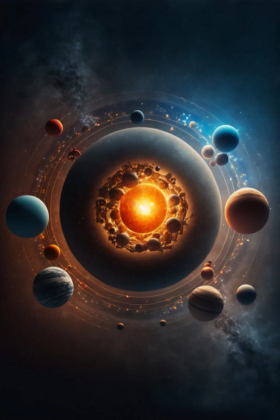Planets orbiting a glowing sun in deep space