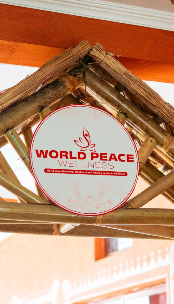 The World Peace Wellness sign under a bamboo and thatch canopy