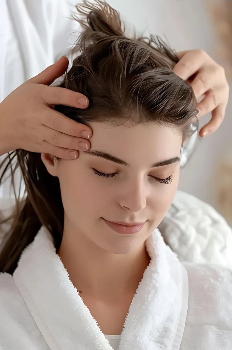 A woman receiving a relaxing Ayurvedic head massage