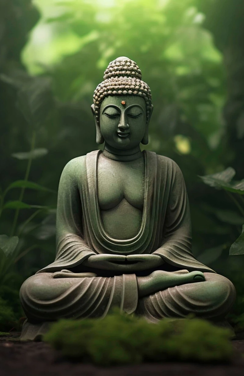 A stone Buddha statue in meditation among green forest leaves