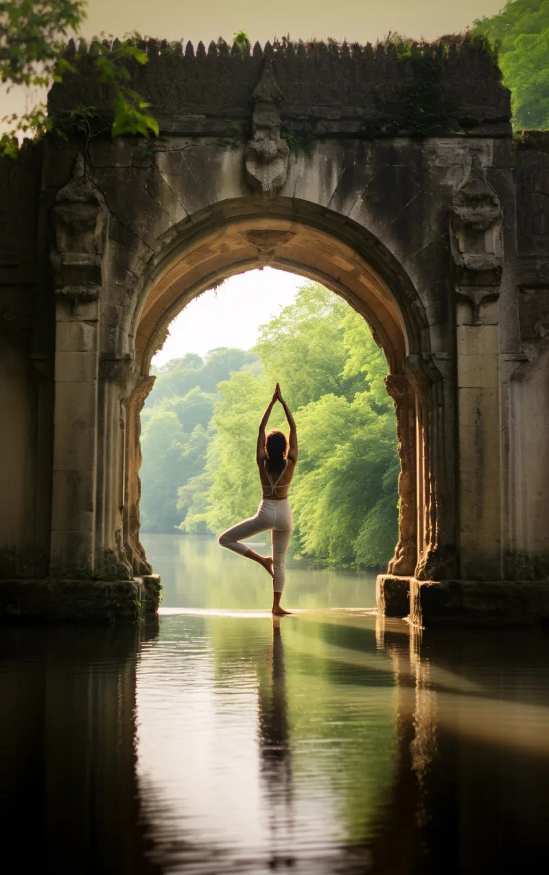 A woman in tree pose beneath a stone arch reflected in still water