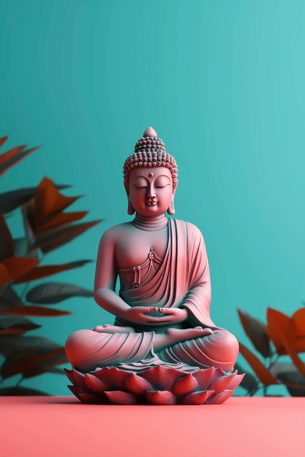A Buddha statue seated on a lotus base against a teal wall