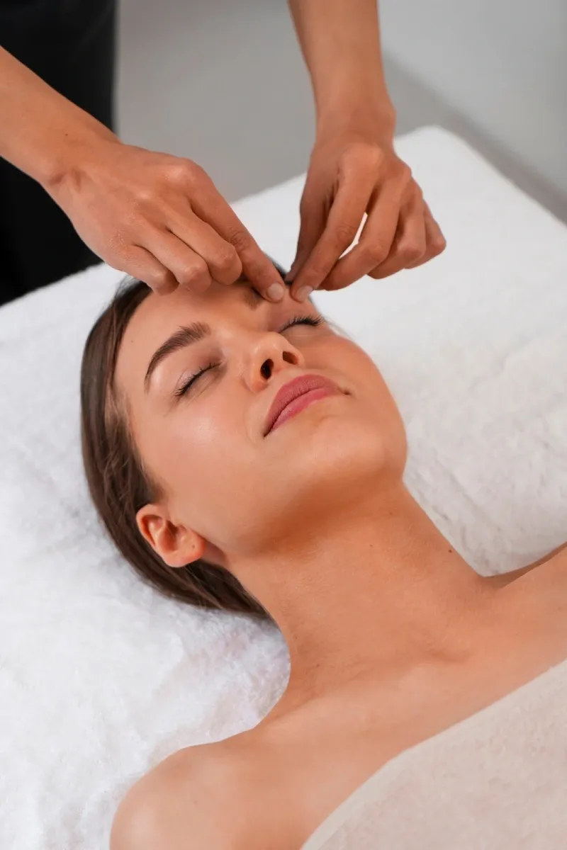 A therapist applying acupressure between a relaxed woman&rsquo;s eyebrows