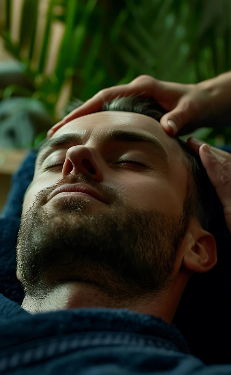 A man relaxing with eyes closed during a head massage