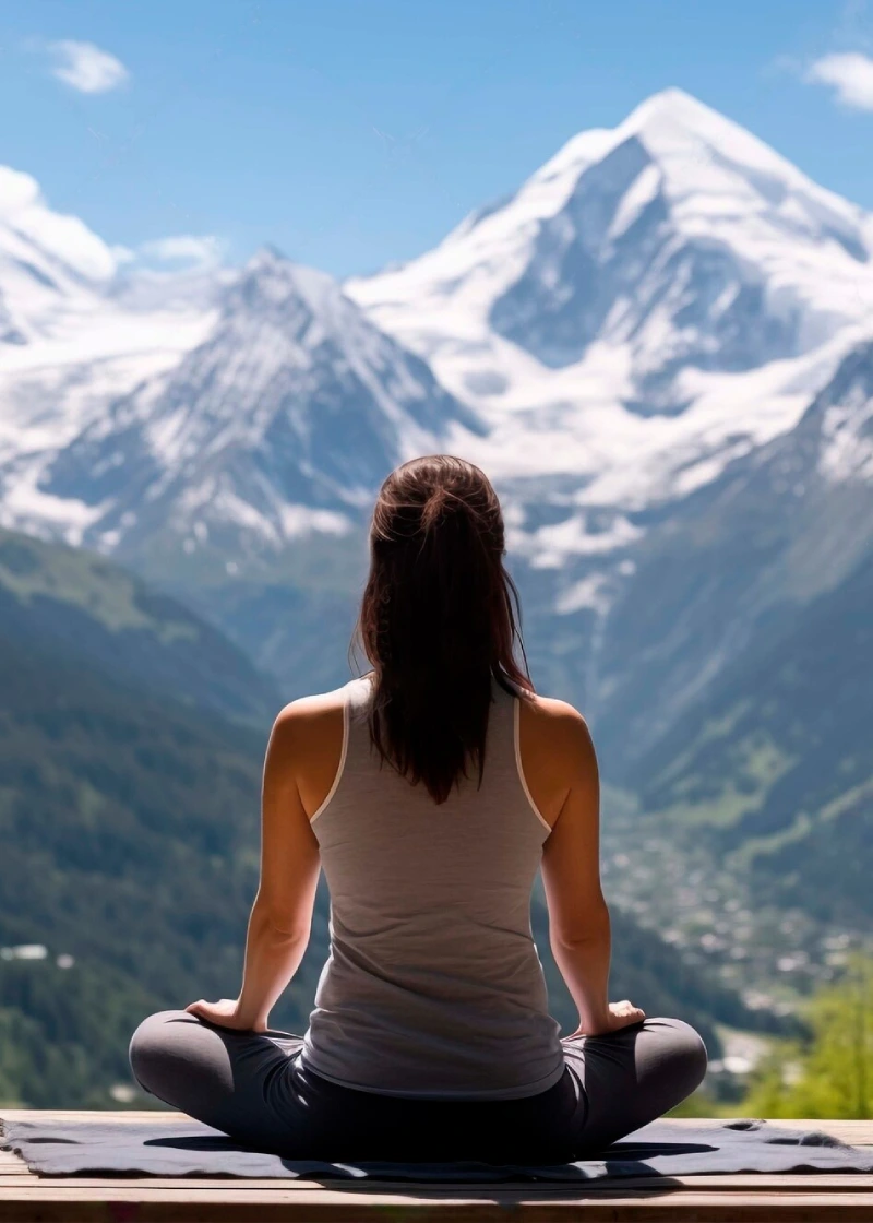 A woman meditating cross-legged facing snow-capped Himalayan peaks