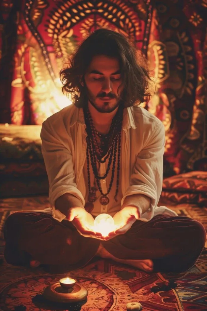A man seated cross-legged holding a glowing light in his palms