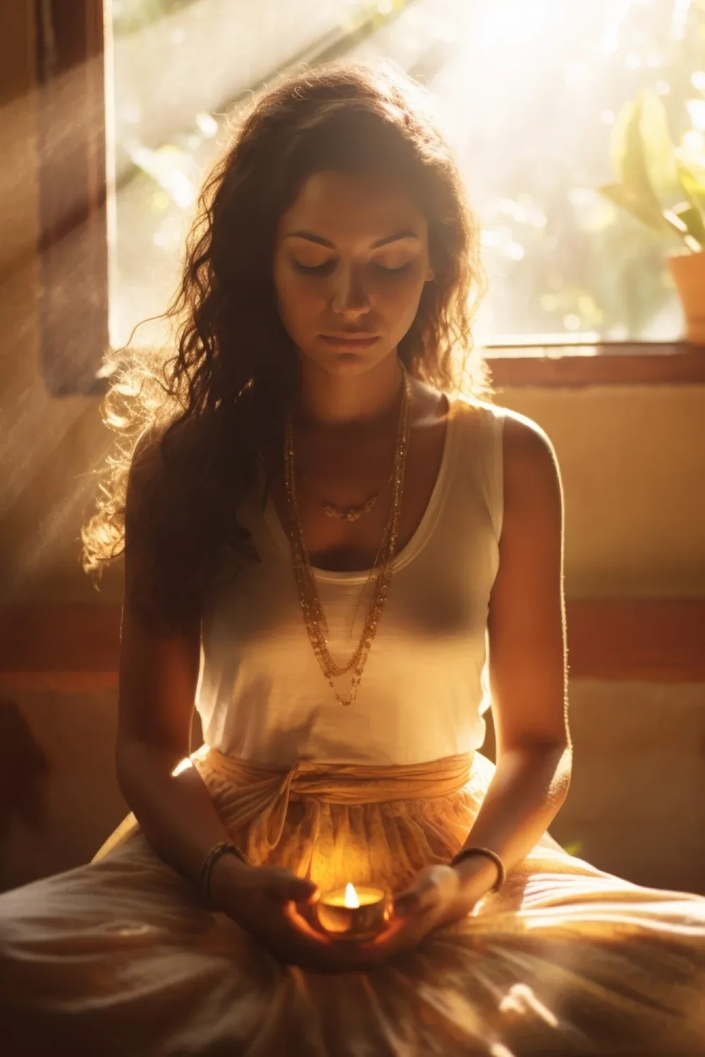A woman meditating with a small flame cupped in her hands