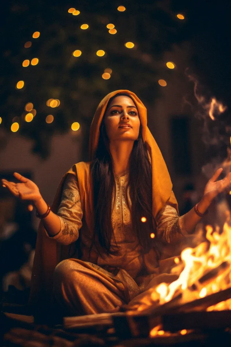 A woman seated beside a sacred fire with her arms open