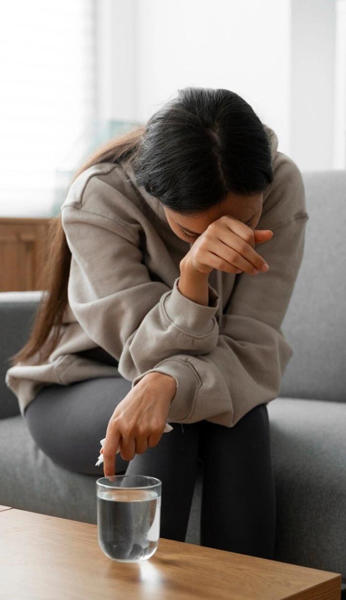 A woman sitting on a sofa with her head bowed and hand over her eyes