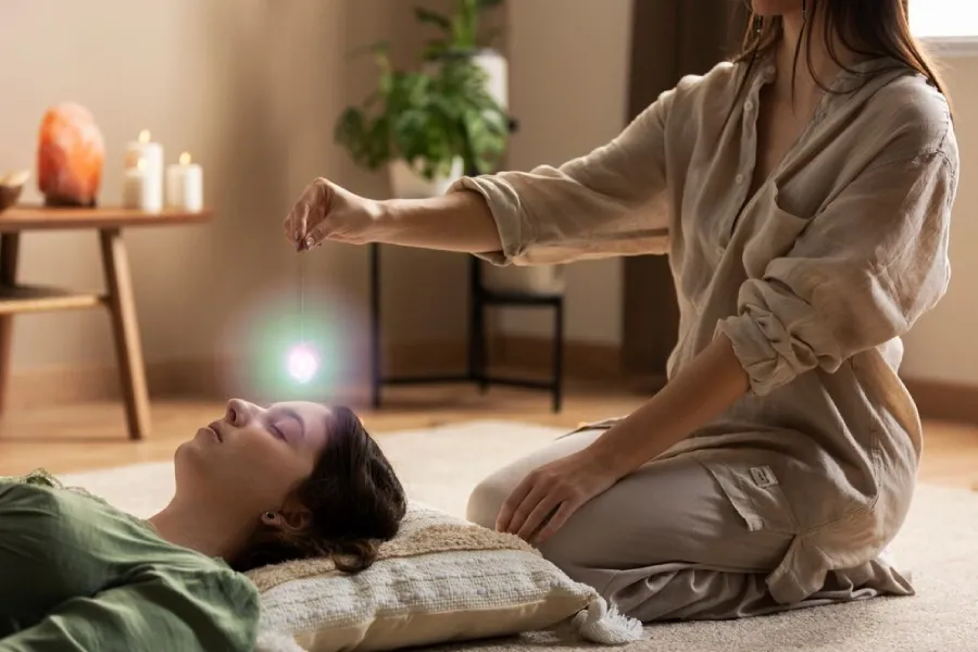 A healer&rsquo;s hand drawing glowing light over a woman&rsquo;s brow