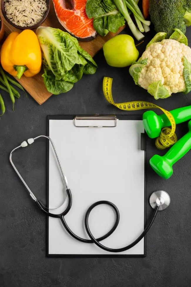 Fresh vegetables, dumbbells and a stethoscope around a clipboard