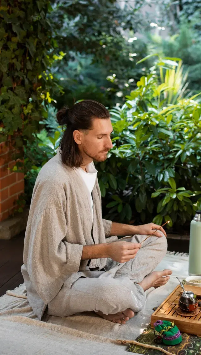 A man seated cross-legged lighting incense in a garden