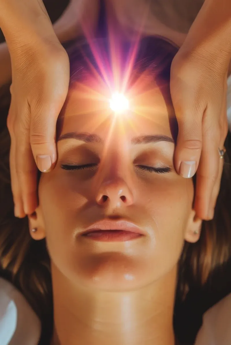 Hands on a woman’s temples with light glowing at her brow