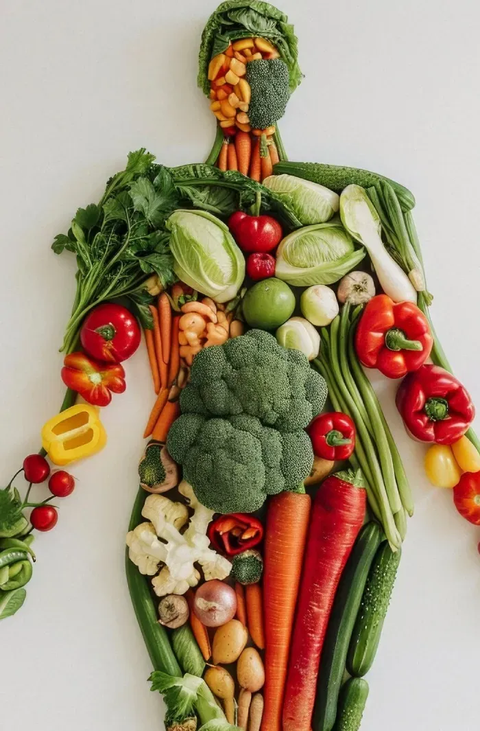 Fresh vegetables and fruit arranged in the shape of a human body