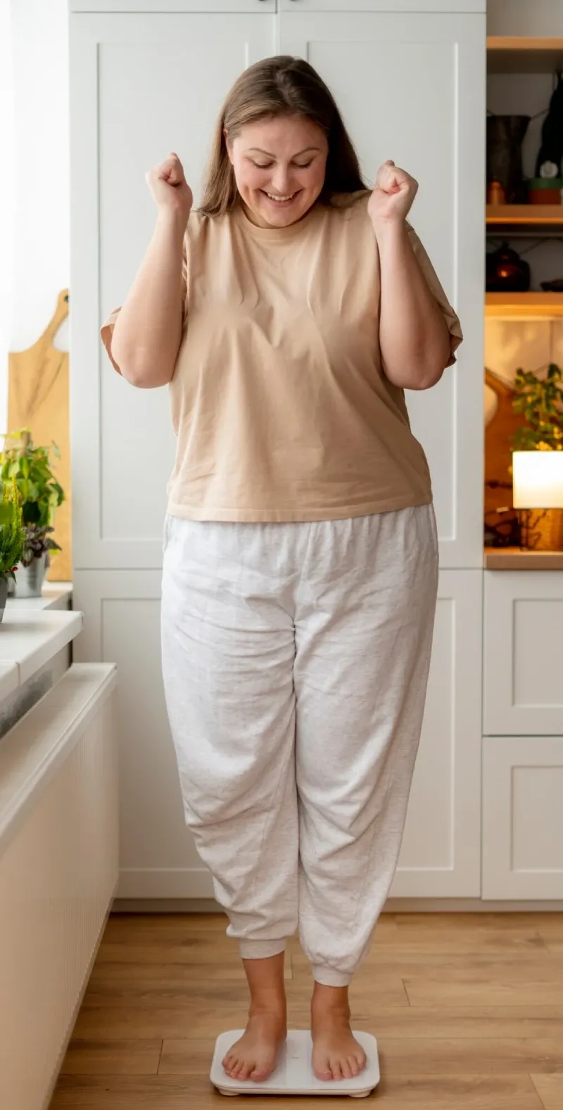 A smiling woman celebrating on a weighing scale