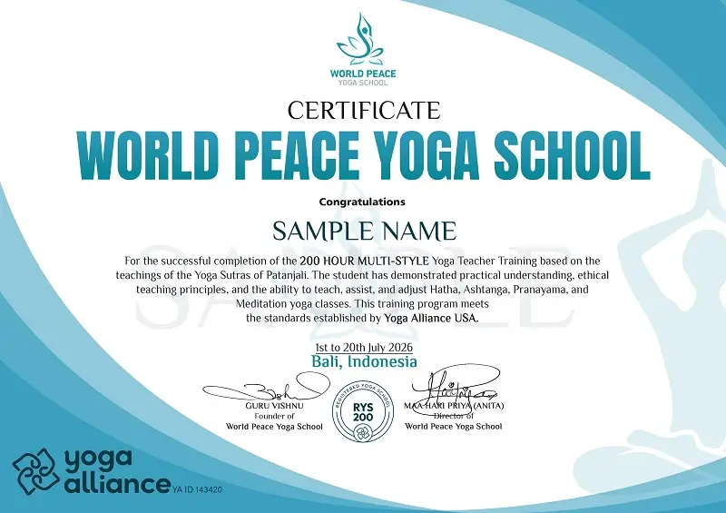 World Peace Yoga School certificate — Yoga Alliance USA approved