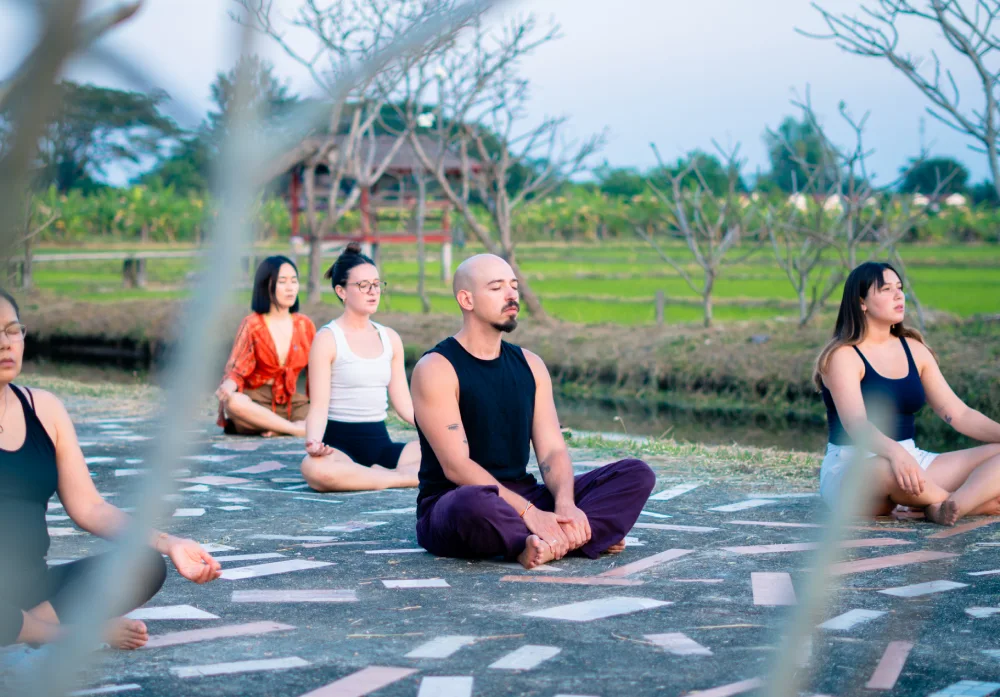 Students meditating cross-legged outdoors beside the rice fields in Chiang Mai