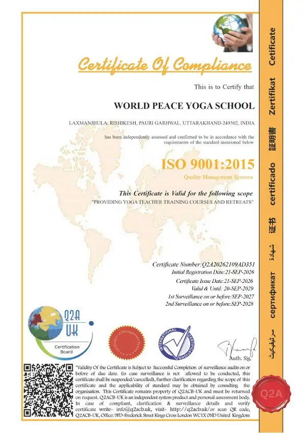 ISO 9001:2015 Certificate of Compliance issued to World Peace Yoga School