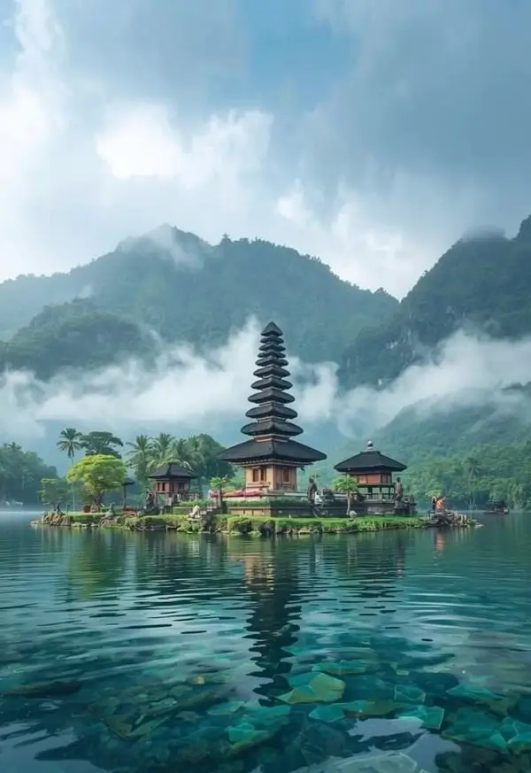 Ulun Danu temple reflected in the lake in Bali