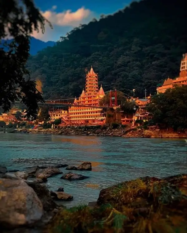 Temples of Rishikesh glowing in the evening light