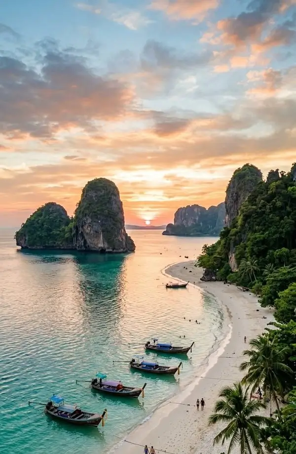 Green limestone cliffs above a turquoise bay in Thailand